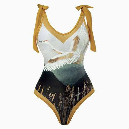 Vintage Style Printed Cheeky Bow Tie Strap V Neck One Piece Swimsuit