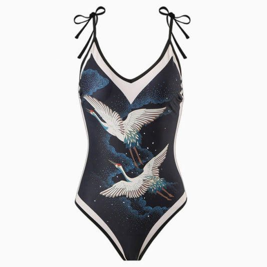 Vintage Style Printed Cheeky Bow Tie String V Neck One  Piece Swimsuit