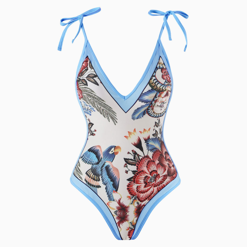 Vintage Style Printed Cheeky Bow Tie String V Neck One  Piece Swimsuit