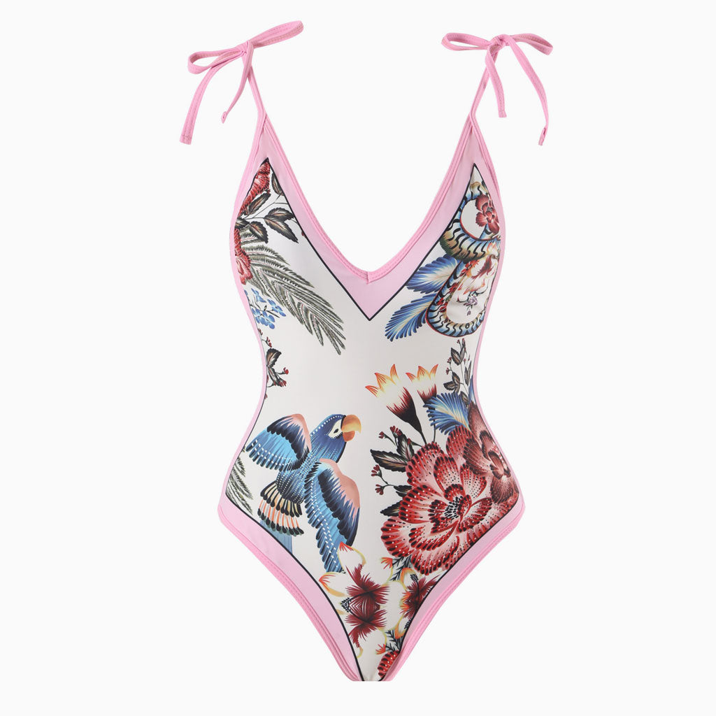 Vintage Style Printed Cheeky Bow Tie String V Neck One  Piece Swimsuit
