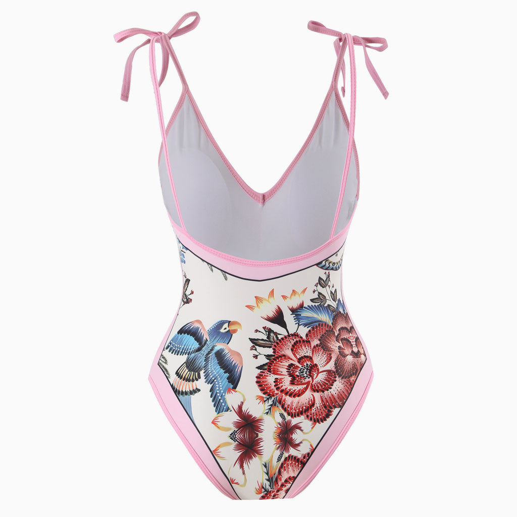 Vintage Style Printed Cheeky Bow Tie String V Neck One  Piece Swimsuit