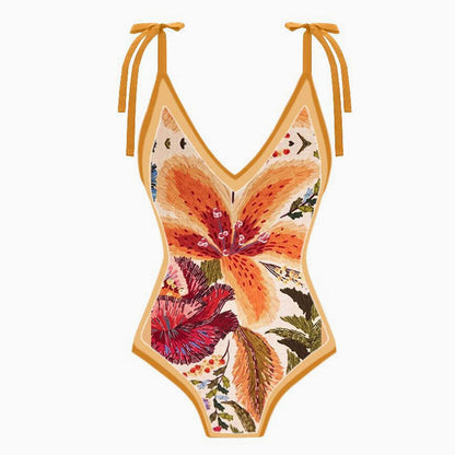 Vintage Style Printed Cheeky Bow Tie String V Neck One  Piece Swimsuit