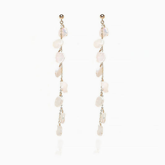 Wedding 18K Gold Plated Baroque Petal Pearl Cable Chain Drop Earrings