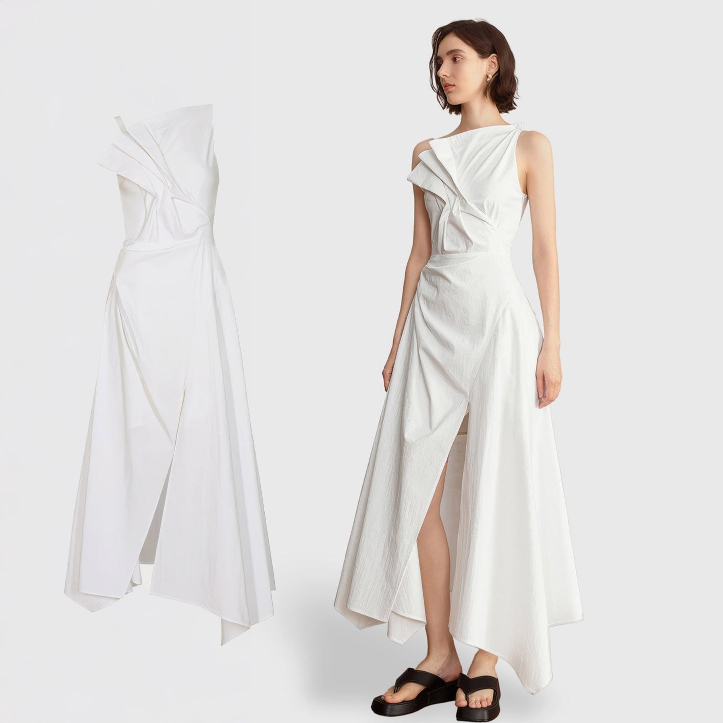 IRREGULAR MIDI DRESS with FRONT SLIT - White