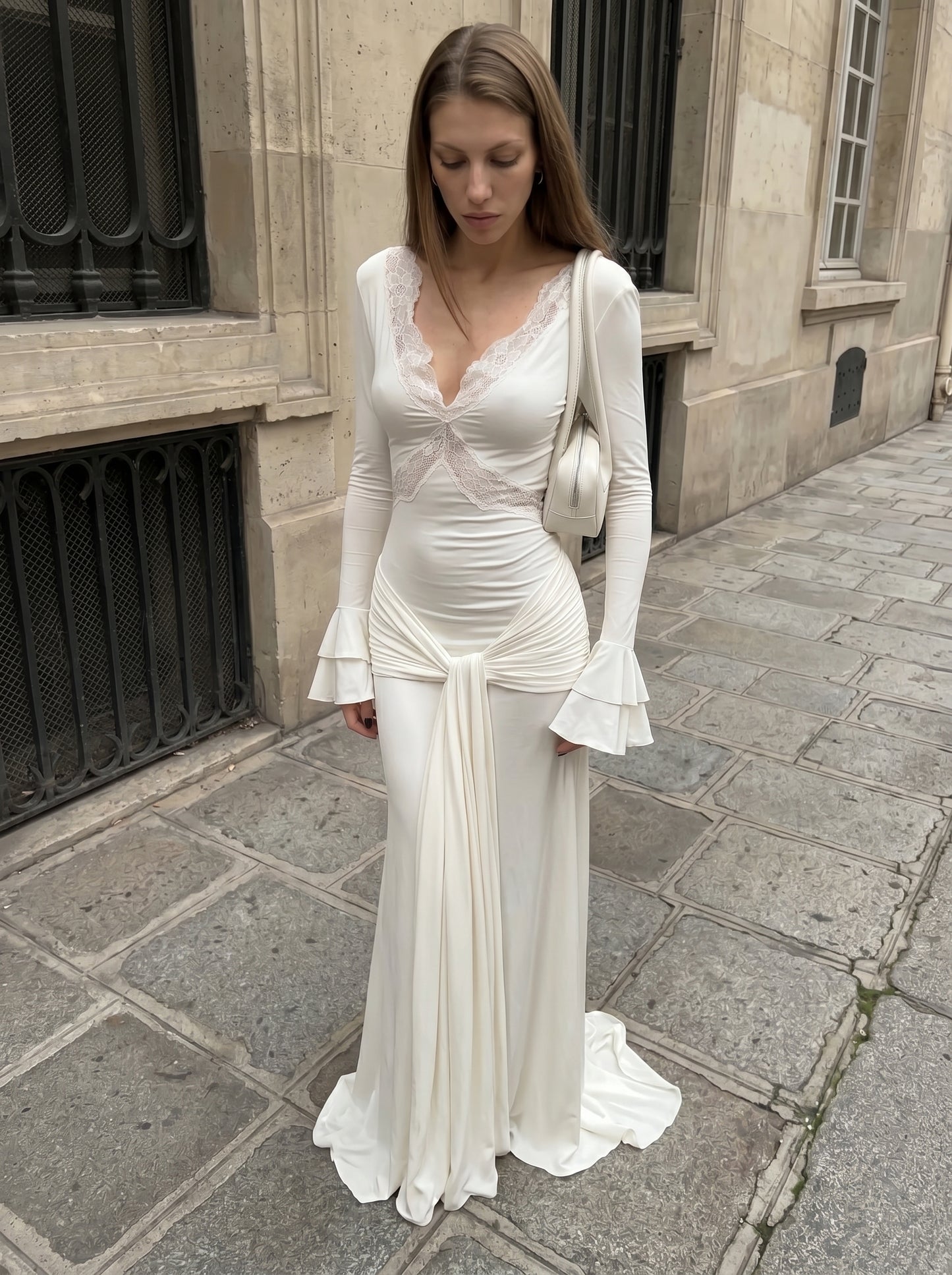 Ivory Lace V Neck Maxi Dress – Long Sleeve Ruched Draped Evening Gown