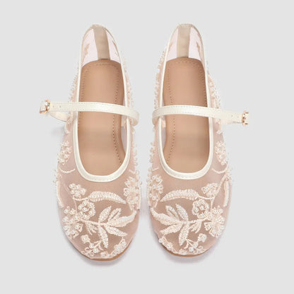 Embroidered Mesh Ballet Flats – Beaded Mary Jane Shoes with Pearl Details for Women