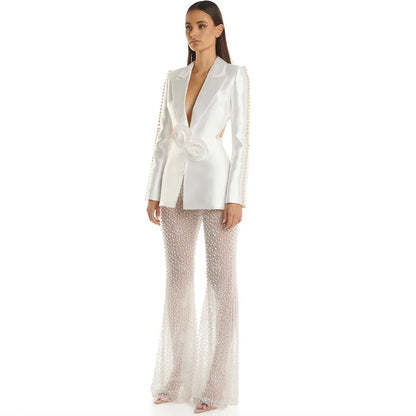 HOLLOW OUT FLOWERS APPLIQUES PEARLS BEADED BLAZER GAUZE PANTS
