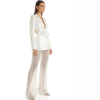 HOLLOW OUT FLOWERS APPLIQUES PEARLS BEADED BLAZER GAUZE PANTS