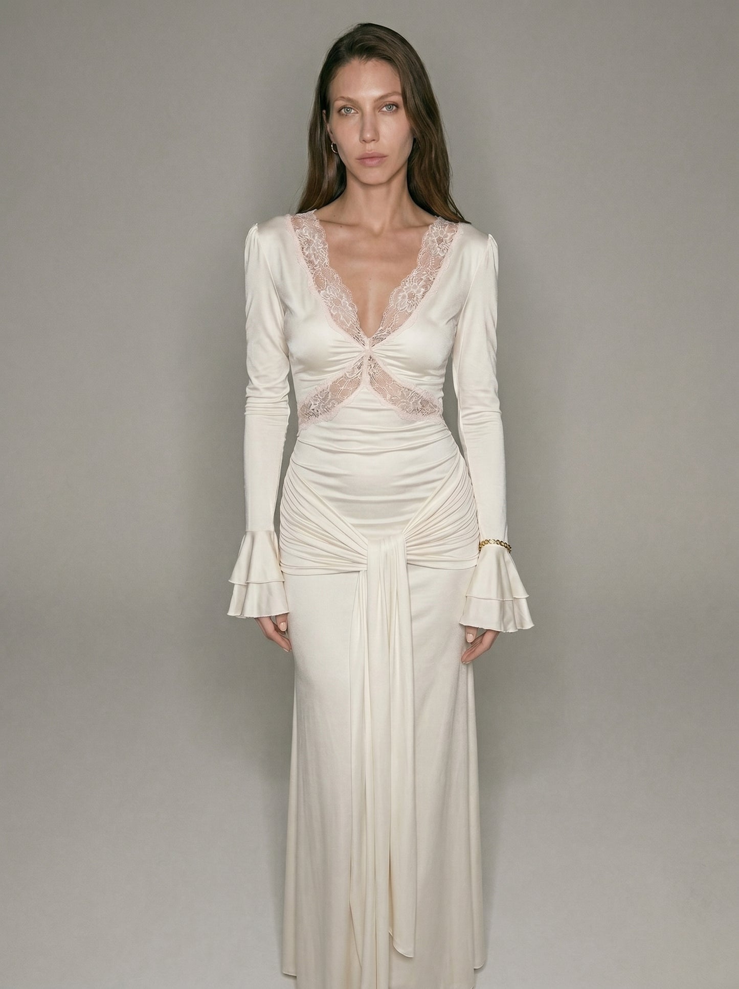 Ivory Lace V Neck Maxi Dress – Long Sleeve Ruched Draped Evening Gown