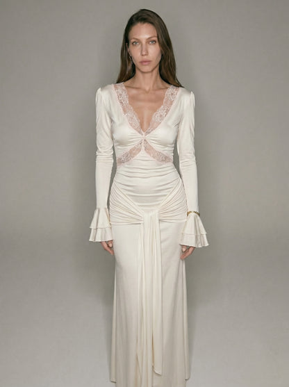 Ivory Lace V Neck Maxi Dress – Long Sleeve Ruched Draped Evening Gown