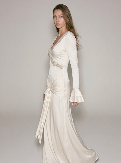 Ivory Lace V Neck Maxi Dress – Long Sleeve Ruched Draped Evening Gown