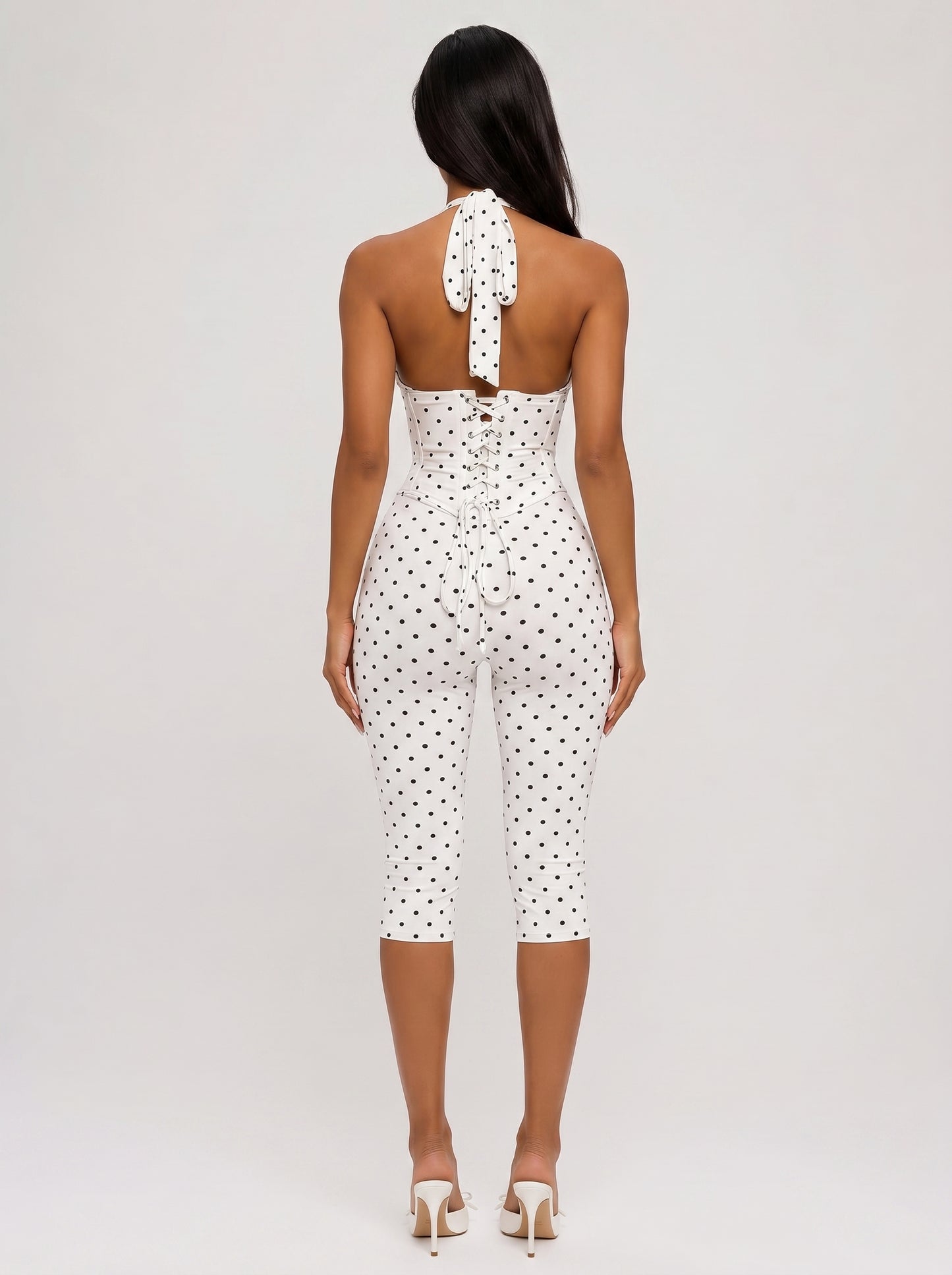 White Polka Dot Halter Jumpsuit Backless Corset Capri Romper