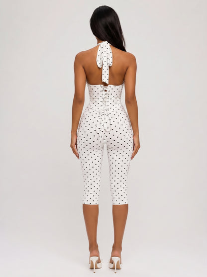 White Polka Dot Halter Jumpsuit Backless Corset Capri Romper