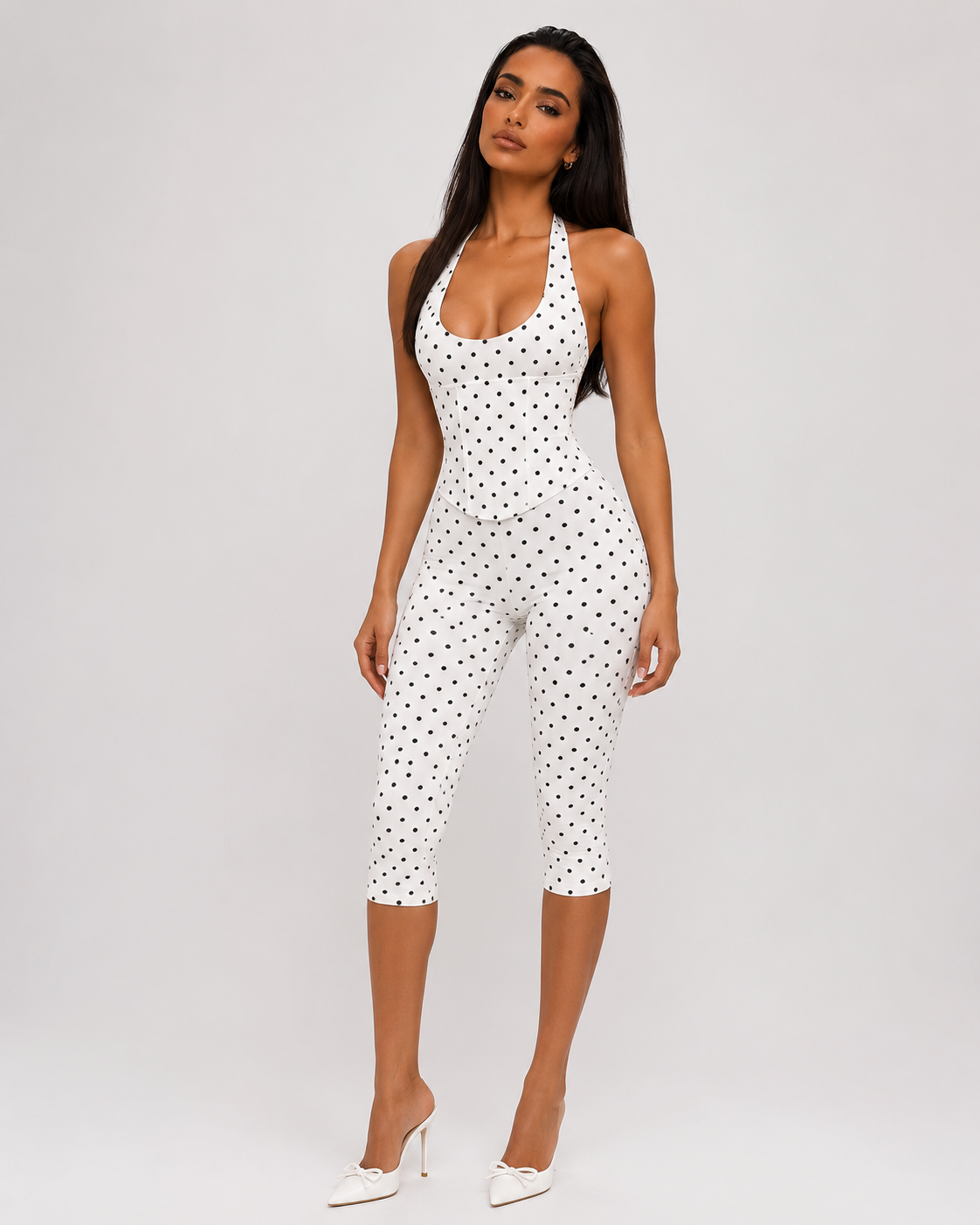 White Polka Dot Halter Jumpsuit Backless Corset Capri Romper
