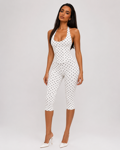 White Polka Dot Halter Jumpsuit Backless Corset Capri Romper