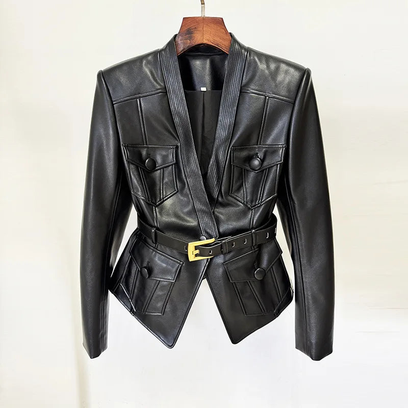 Black Belted Faux Leather Moto Jacket With Gold Buckle