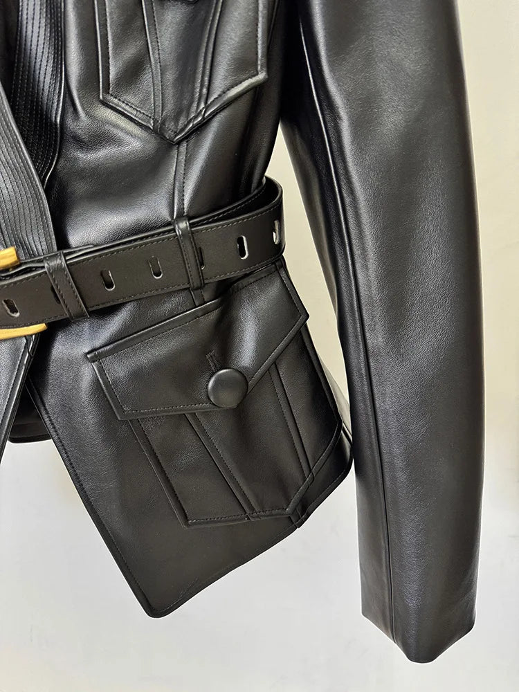 Black Belted Faux Leather Moto Jacket With Gold Buckle