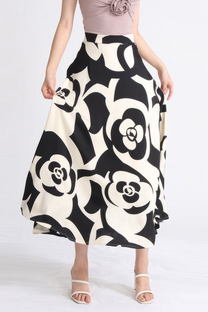 Patterned Midi Skirt - Black & Beige