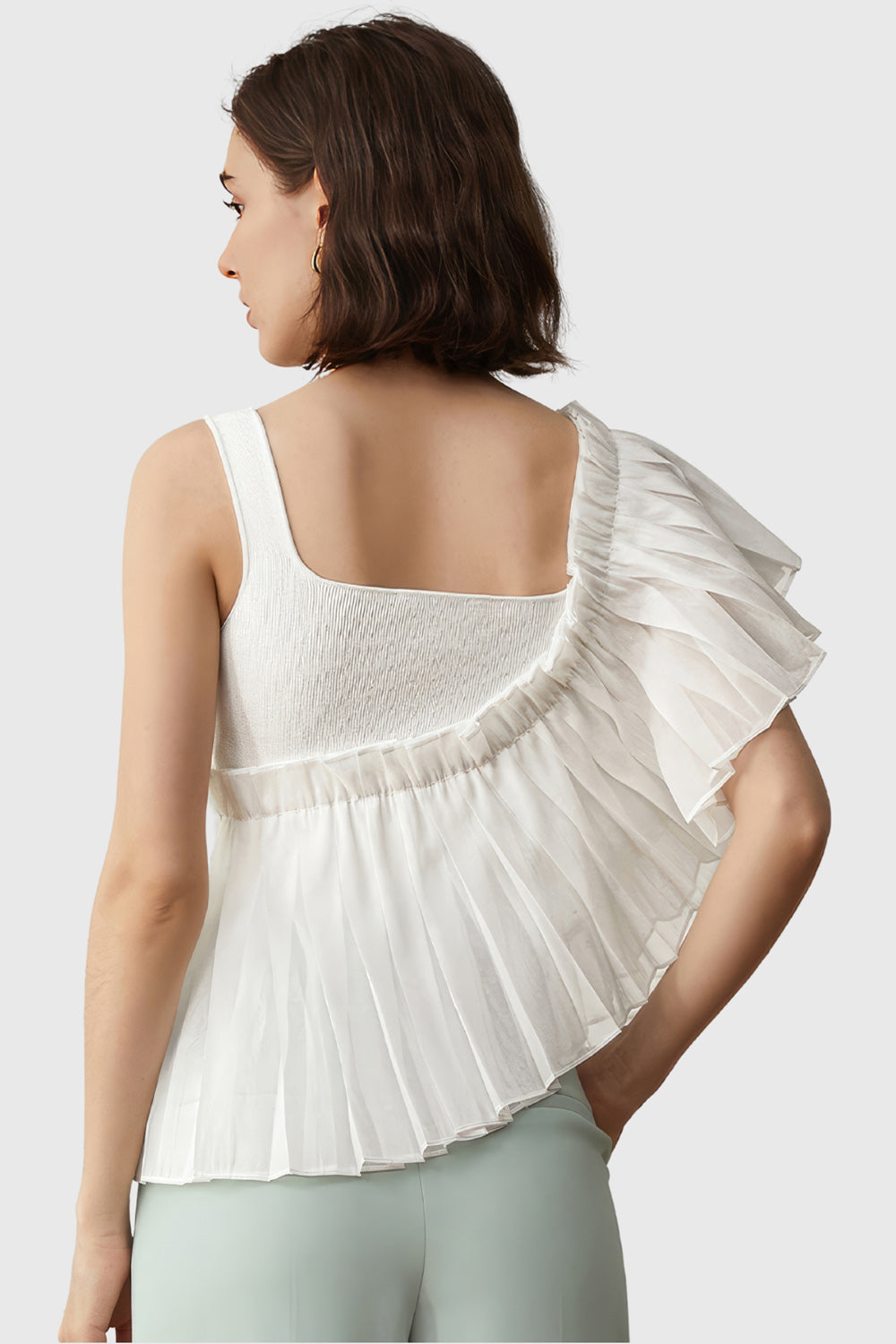 Top with Ruffle and Square Neck - White