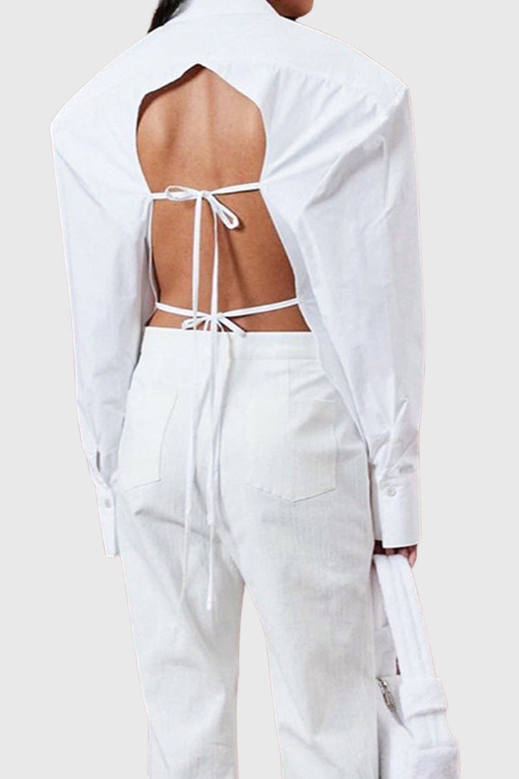 WHITE SHIRT with OVERSIZED SHOULDERS and OPEN BACK LACE UP