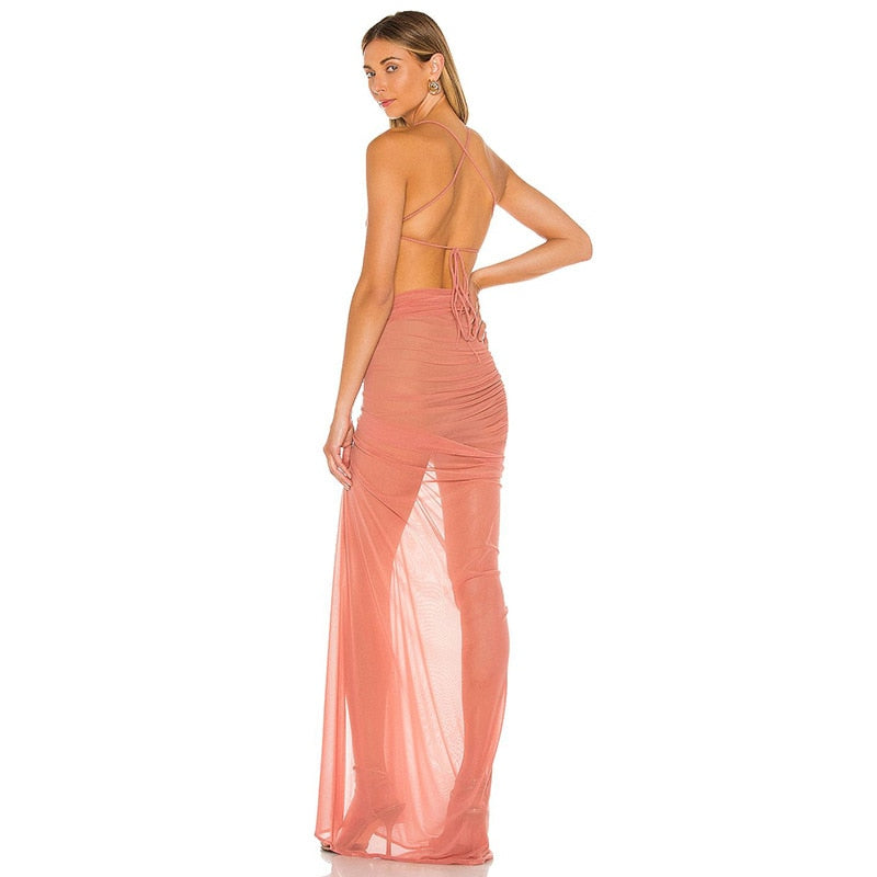 APYLL SIDE SLIT MESH MAXI DRESS