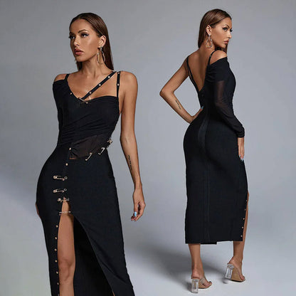 AYAME CLASP PIN HIGH SIDE SLIT MAXI DRESS