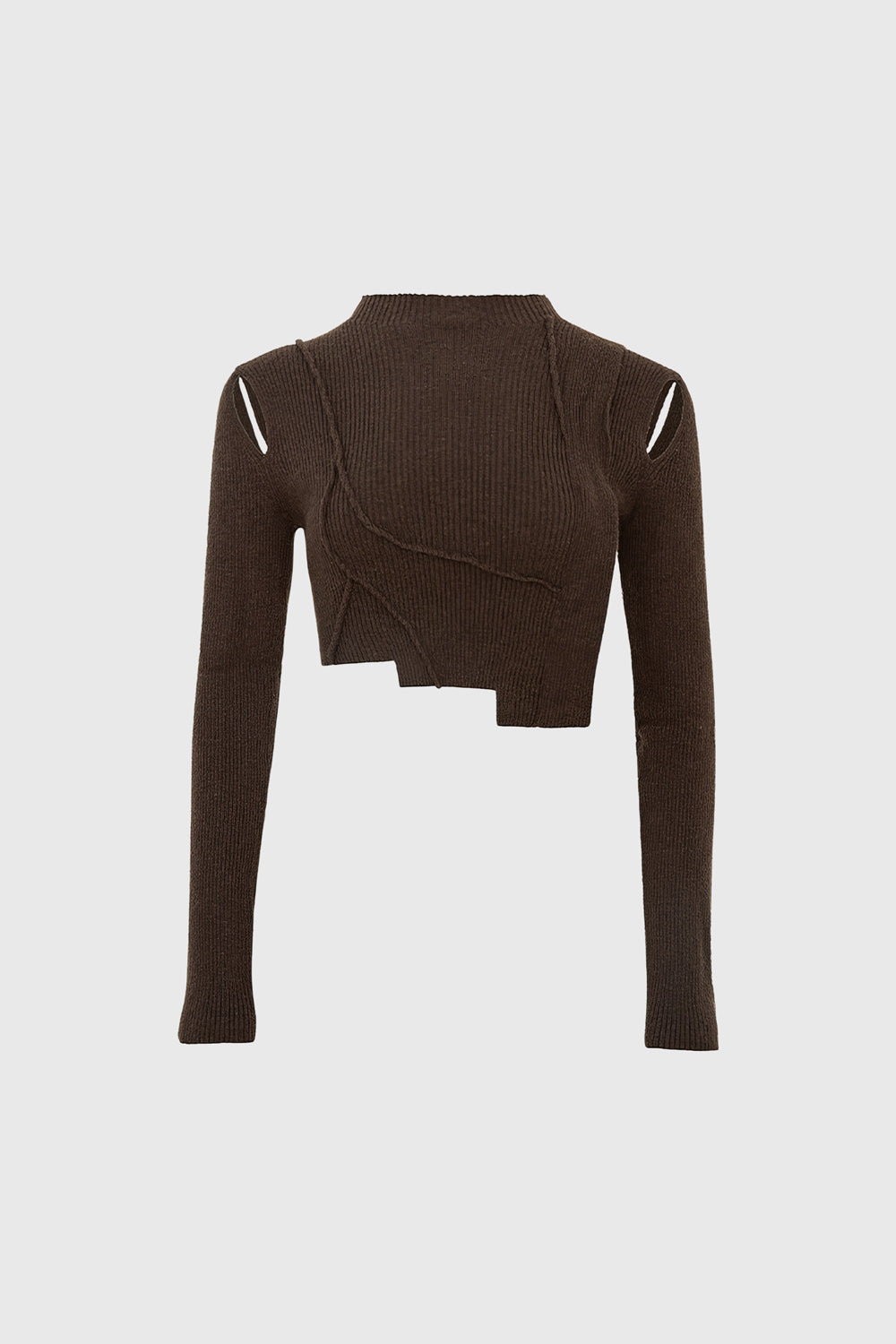 Short Knitted Top with Cut Hem - Brown