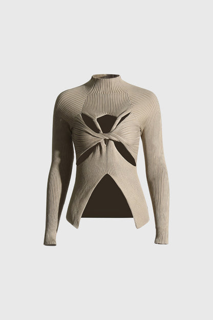 Ribbed Cutout Sweater - Khaki