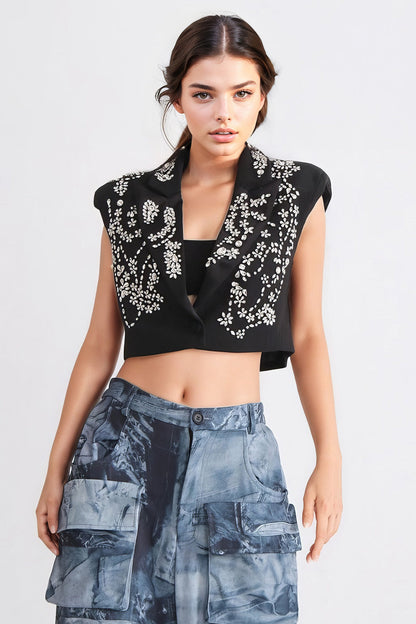 Cropped Waistcoat with Rhinestones - Black