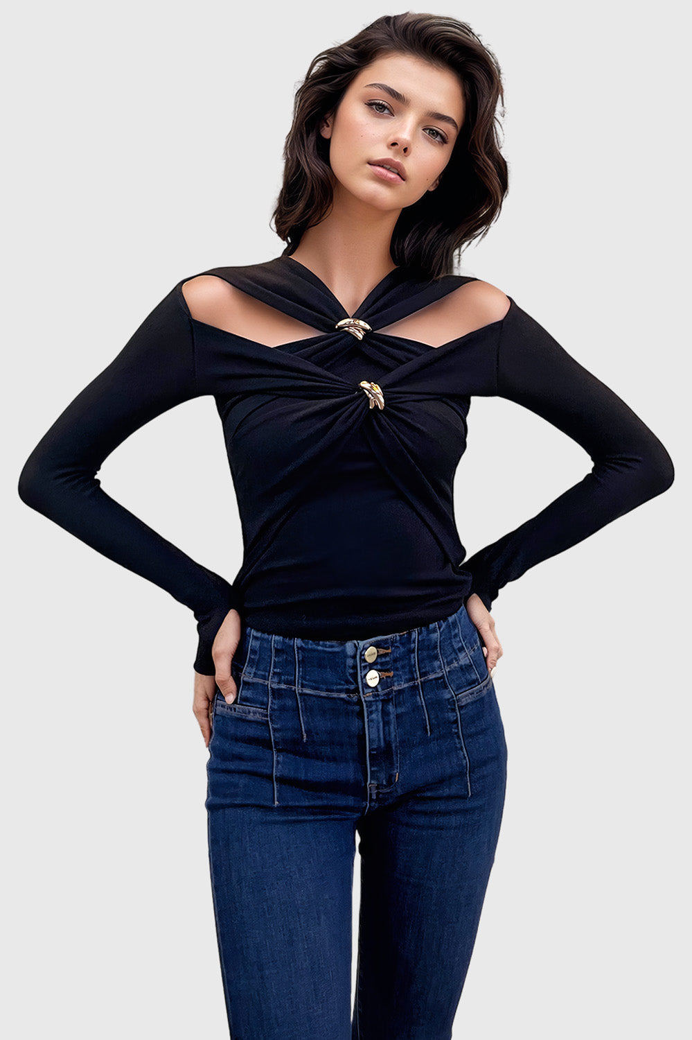 Long Sleeve Top with Gold Details - Black