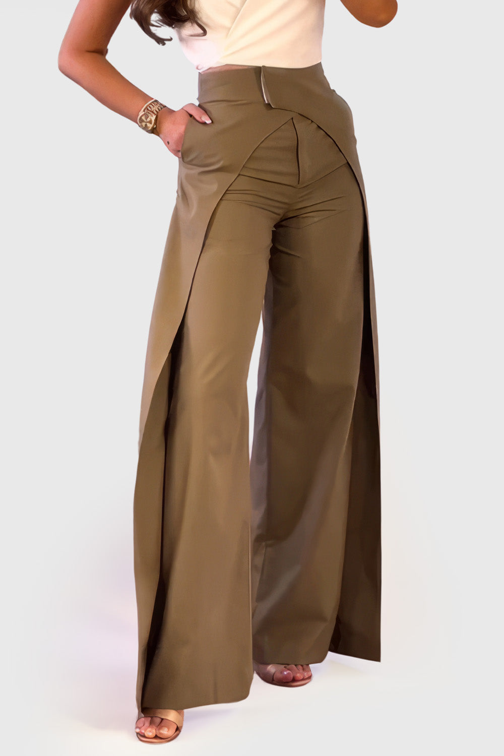 Wide Trousers with Double Layer Detail - Brown