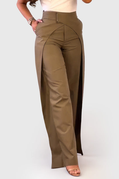 Wide Trousers with Double Layer Detail - Brown