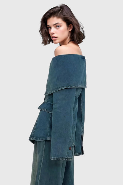 Off Shoulders Denim Top - Blue