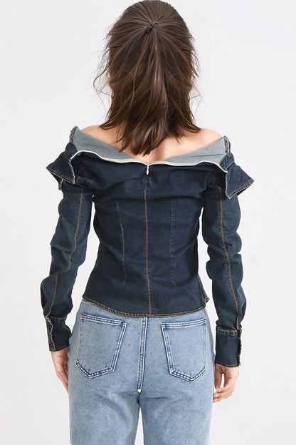 Off Shoulders Denim Top  - Dark Blue