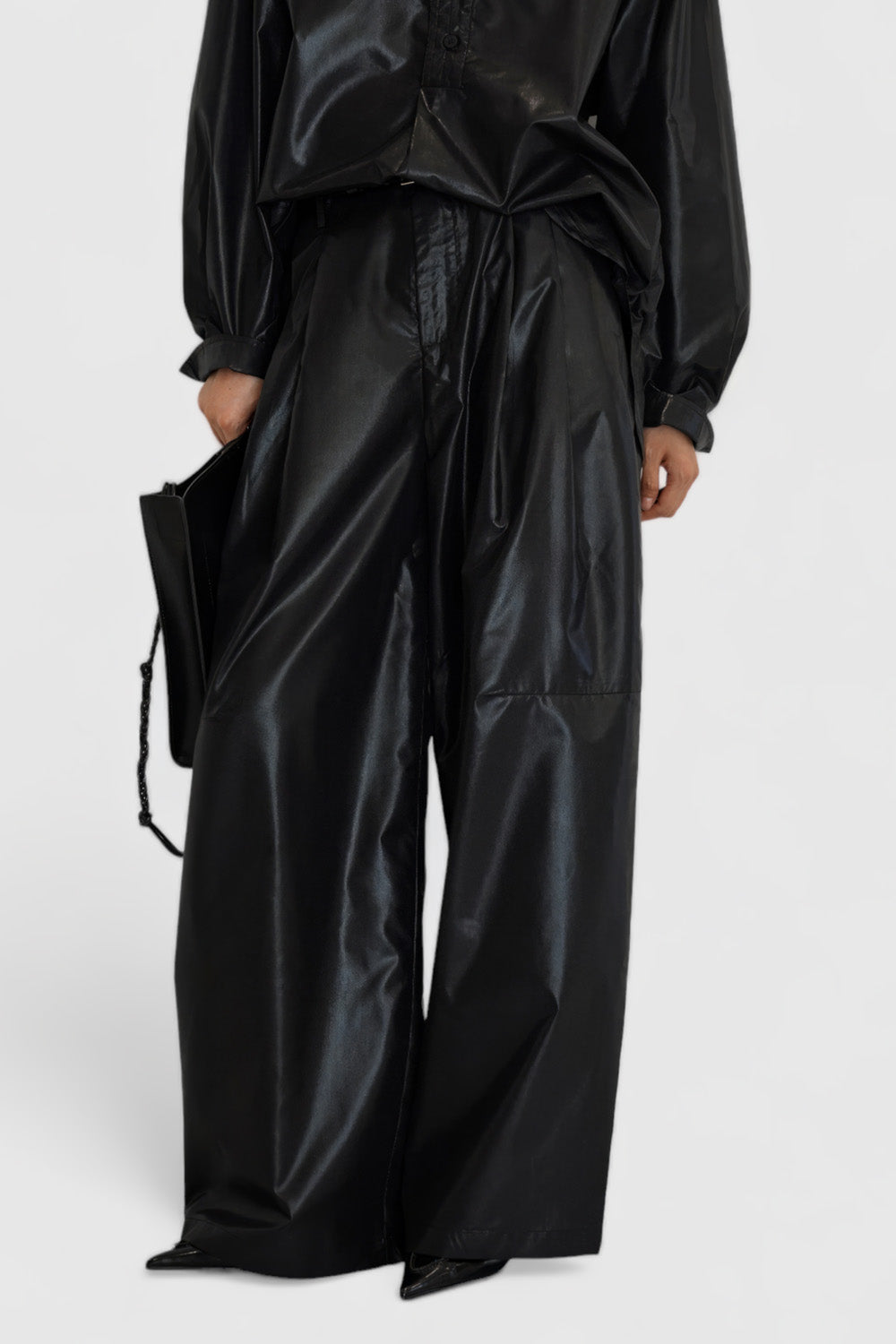 Wide Leather Trousers with Pockets - Black