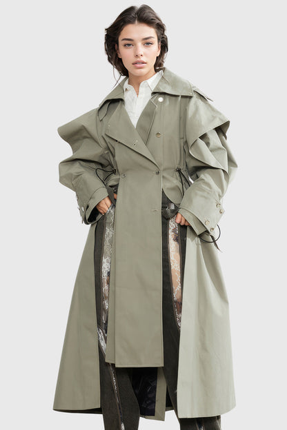 Oversized Trenchcoat with Adjustable Waist - Light Green