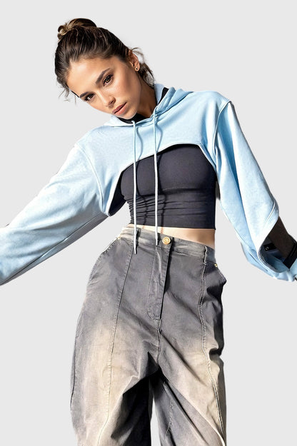 Hooded Sweatshirt with Cut Sleeves - Light Blue