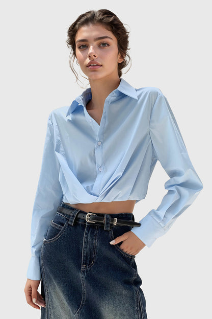 Cropped Shirt with Elastic Hem - Blue