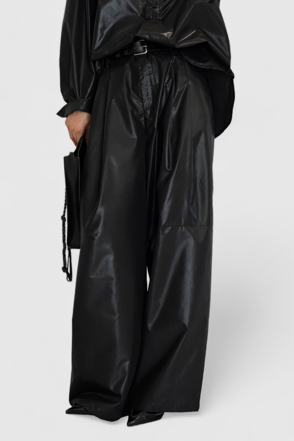 Wide Leather Trousers with Pockets - Black