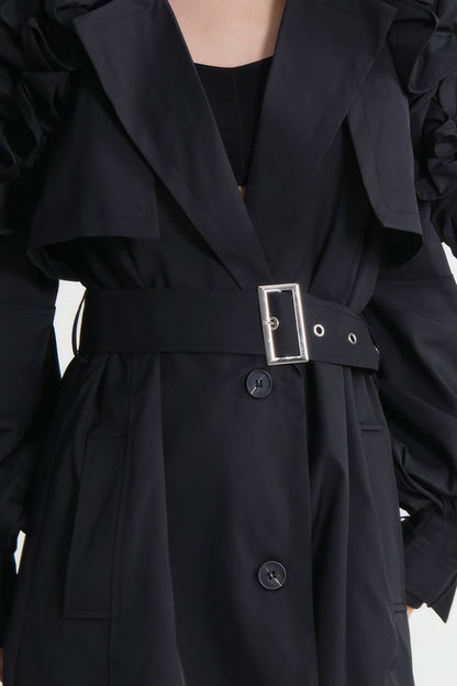 Single Breasted Trenchcoat with Sleeve Details - Black