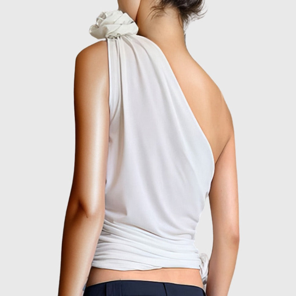 WHITE ONE SHOULDER TOP with FLOWERS