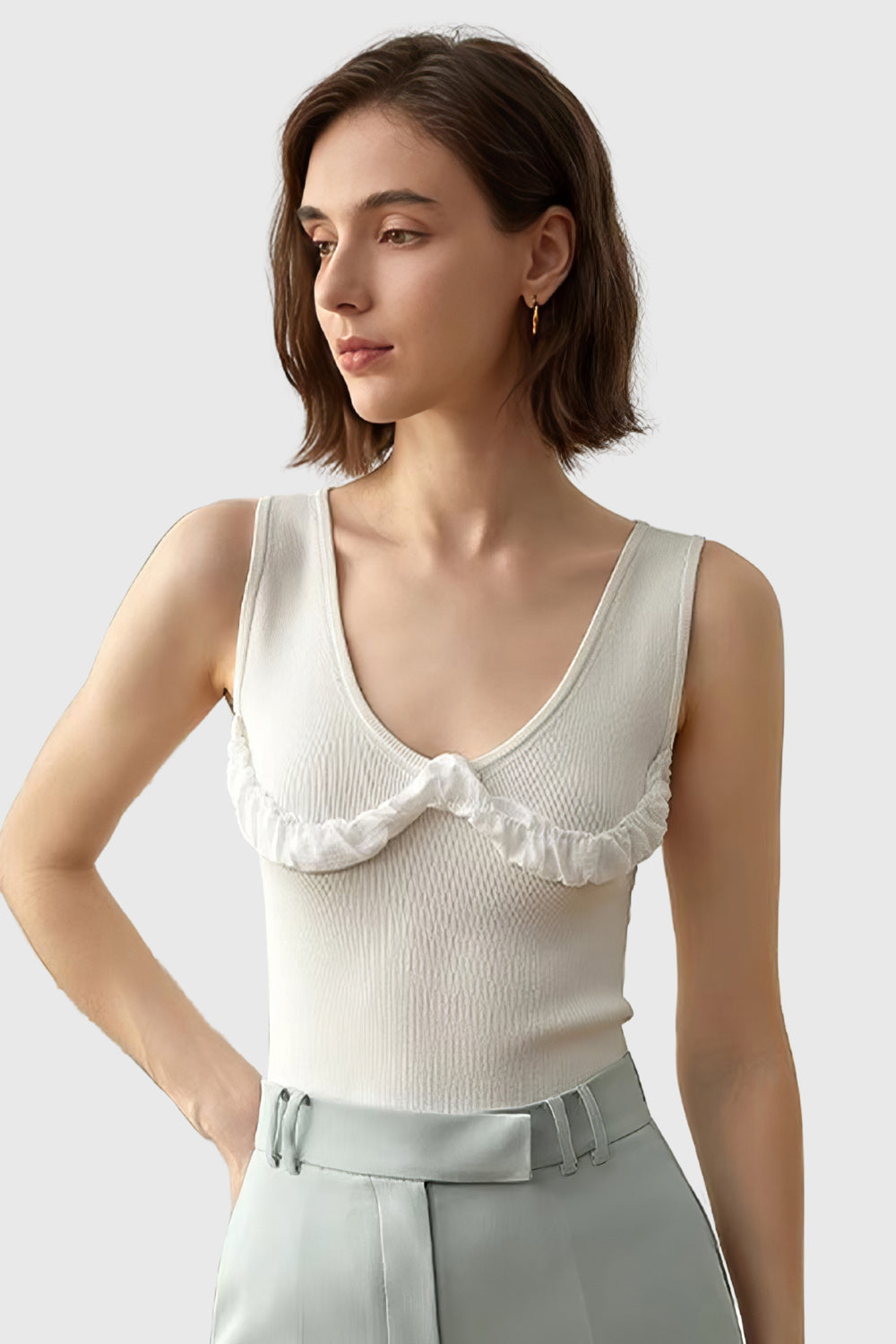 Ribbed Top with V Neckline - White