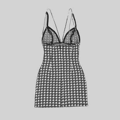 ESTEMA HOUNDSTOOTH V NECK CRYSTAL BOW TIE MINI DRESS