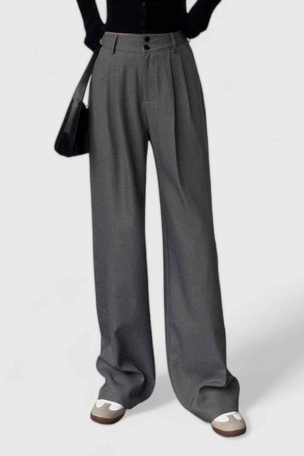 High Waisted Trousers with Two Buttons - Grey