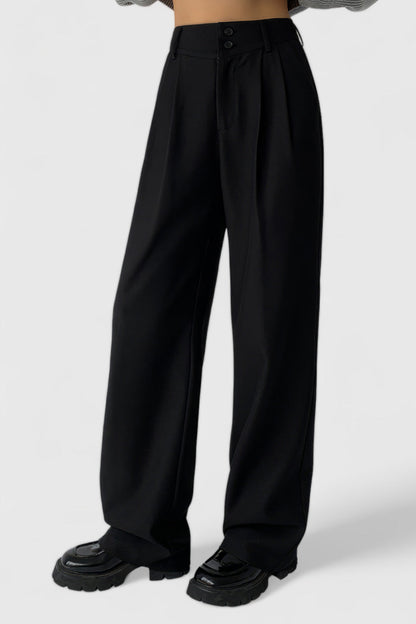 High Waisted Trousers with Two Buttons - Black