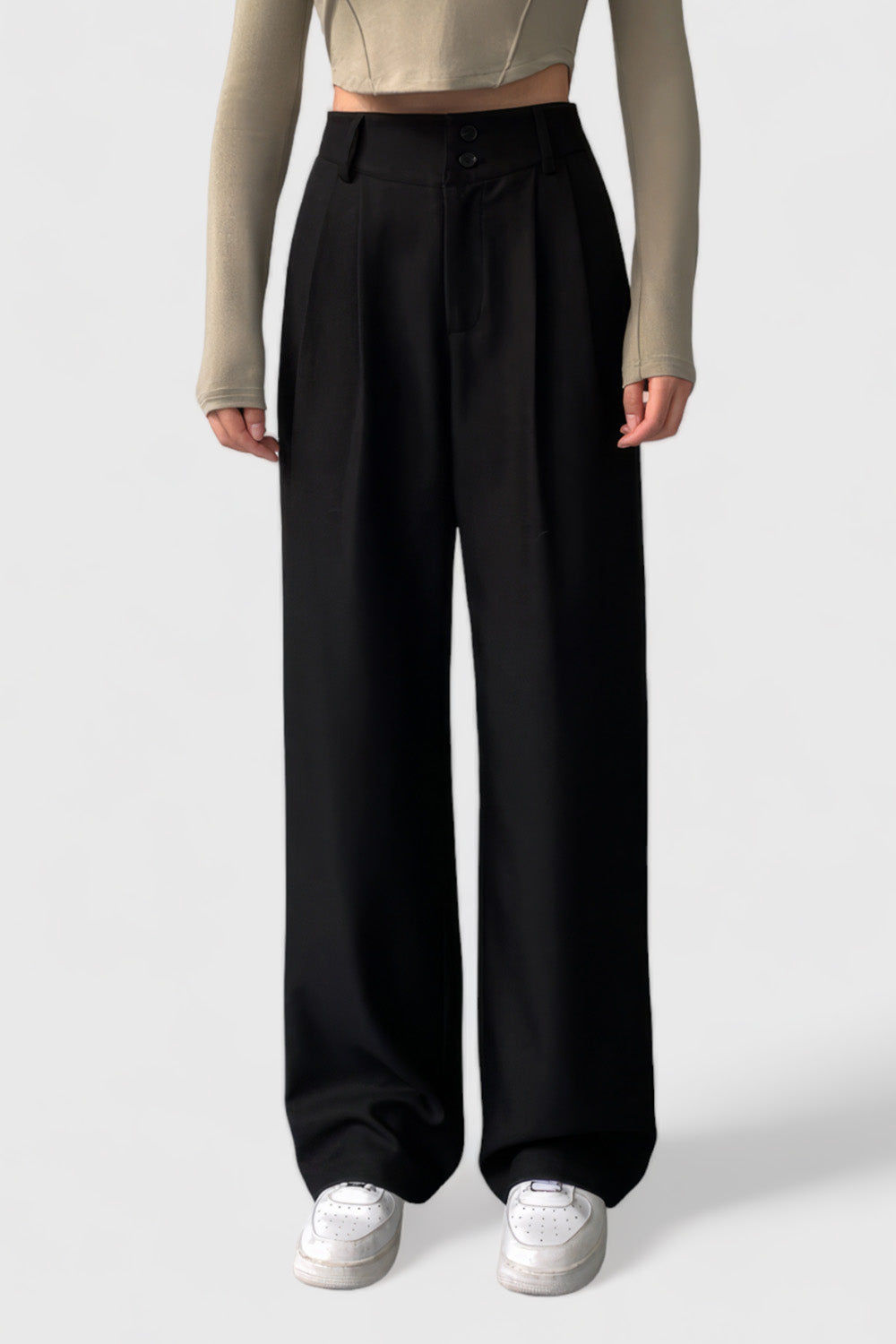 High Waisted Trousers with Two Buttons - Black