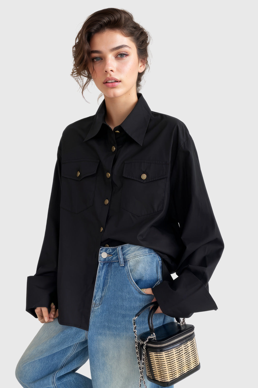 Oversized Shirt with Gold Buttons - Black