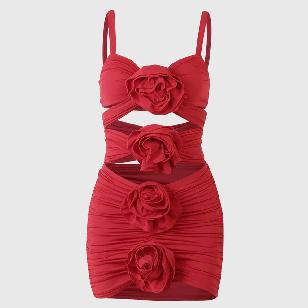 RED TOP and SKIRT SET with FLOWERS