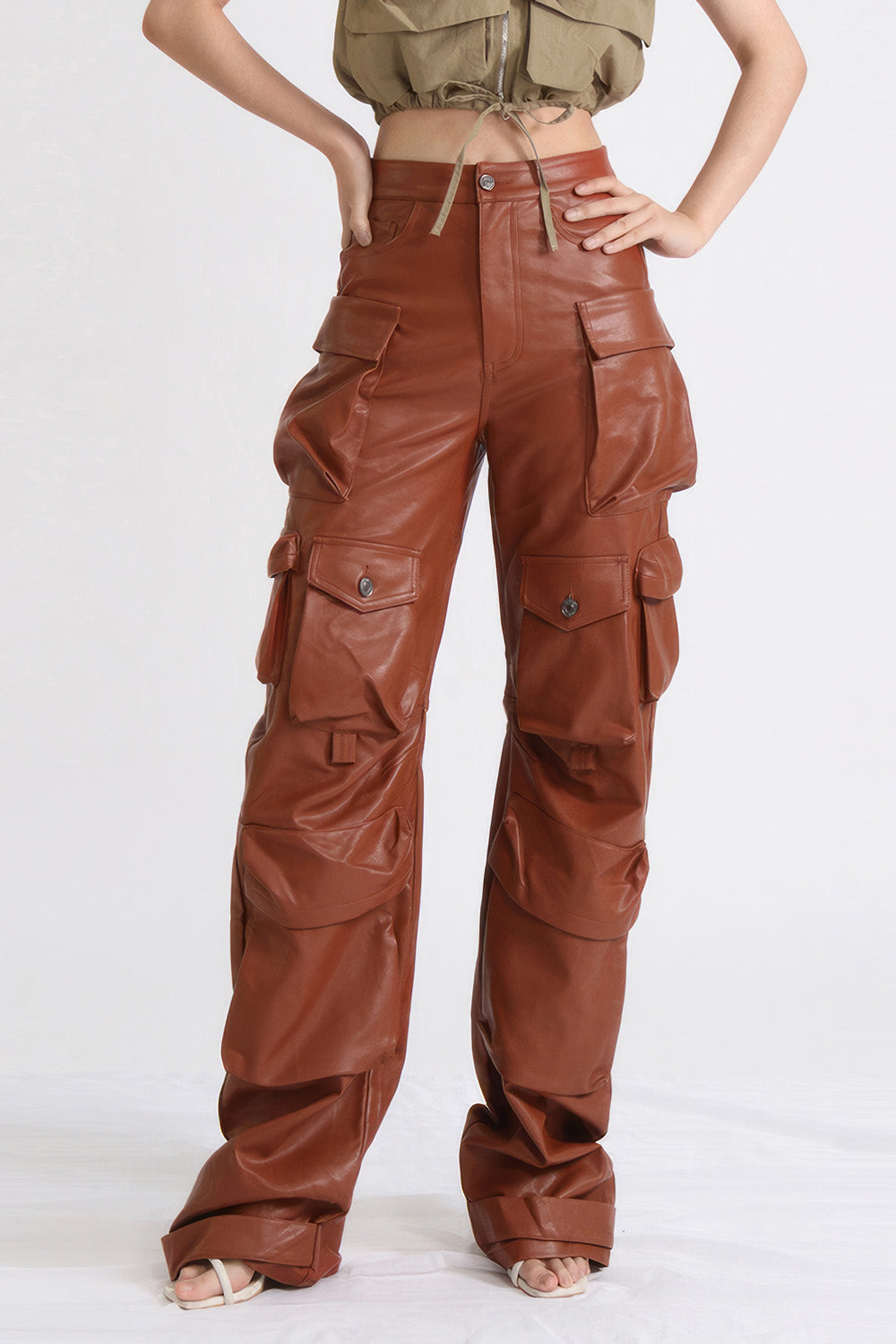 Leather Cargo Trousers - Brown