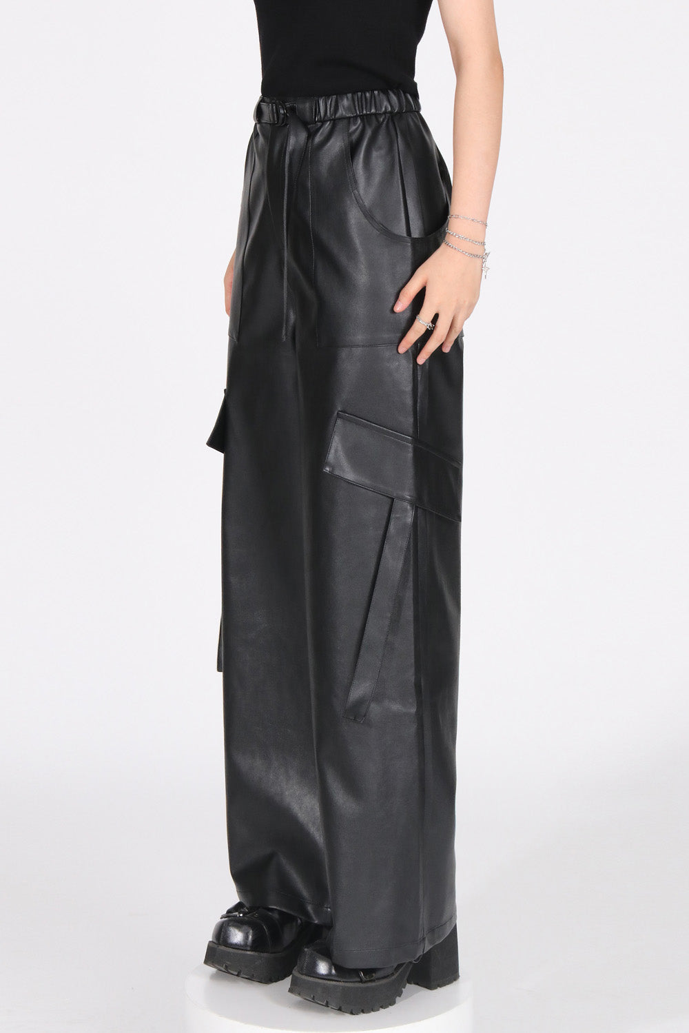 Wide Leather Trousers - Black